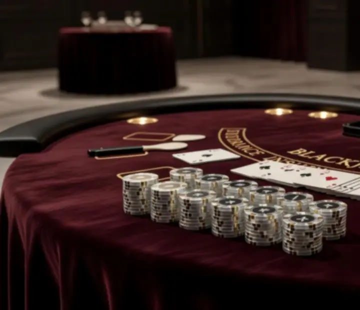 Detail blackjackového stolku s kartami a žetony připravenými pro hosty