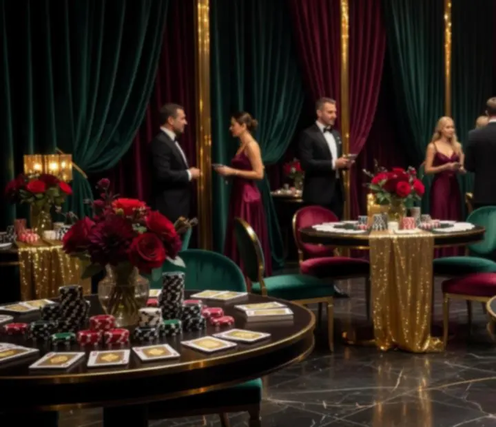 Elegantní eventová dekorace s osvětleným pokerovým stolem a ambientním světlem