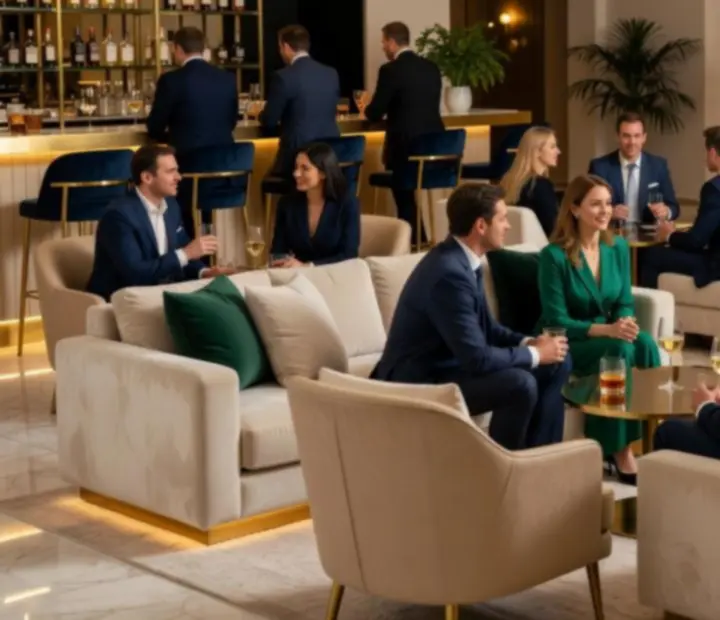 Lounge zóna na firemní akci s ambientním osvětlením a hosty