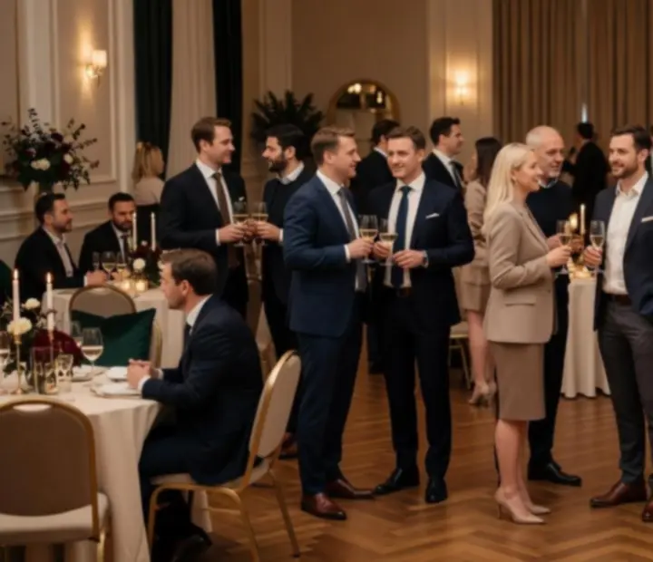 Elegantní firemní večírek s hosty u herních stolů