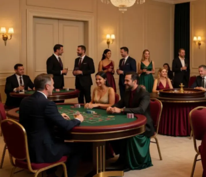 Elegantní večerní event s herními stoly a hosty uprostřed atmosféry