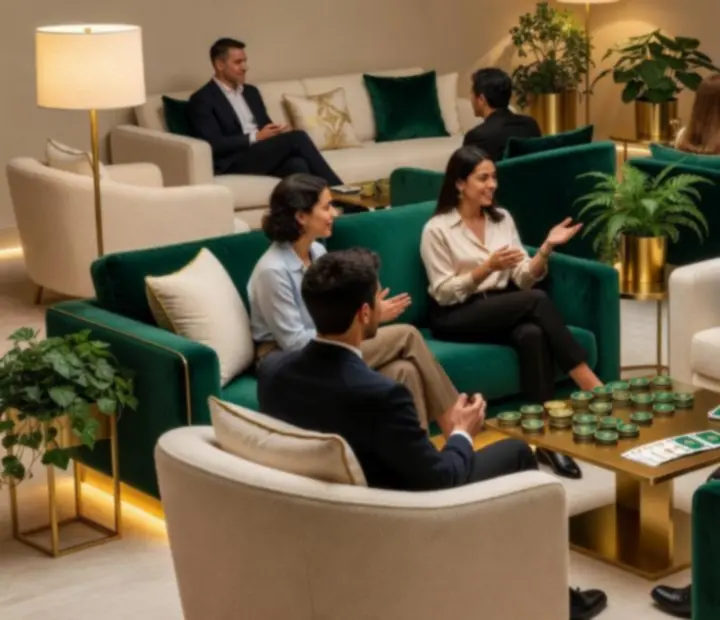 Designová lounge zóna s pohodlným sezením a atmosférickým osvětlením