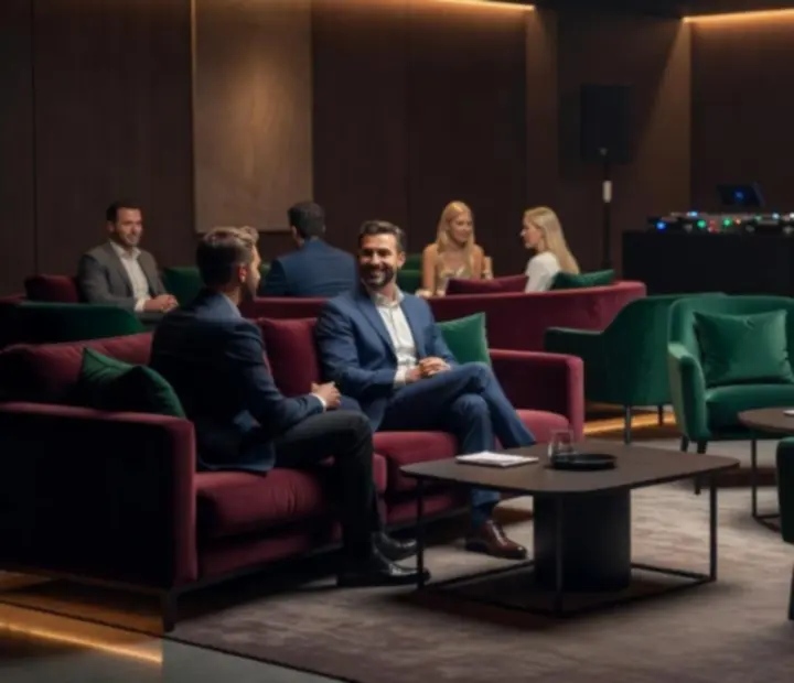 Komfortní lounge zóna s hosty odpočívajícími u hudby