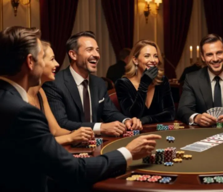 Skupina hostů hrajících poker u osvětleného stolu