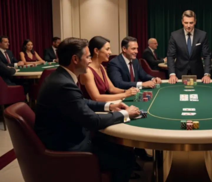 Hosté u osvětleného pokerového stolu během večerního eventu