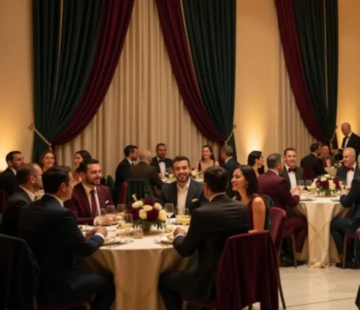 Elegantně nasvícené tematické stoly a dekorace připravené pro večerní event